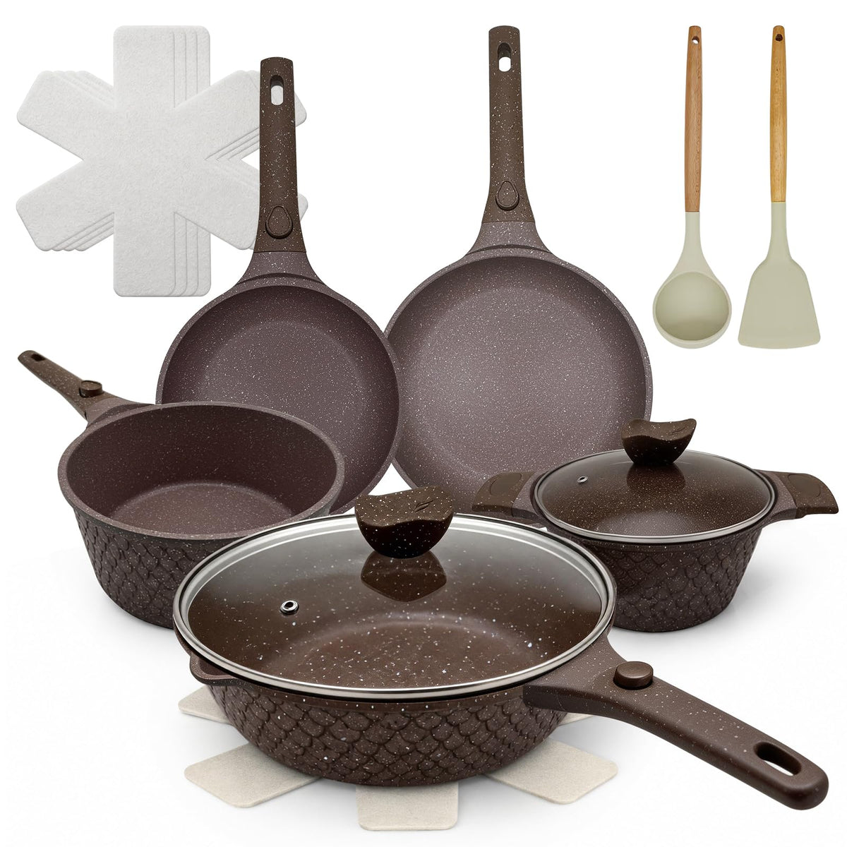 18Pcs Nonstick Cookware Set With Handles, Black Sauce Pots Pans Set,Includes Steamer Silicone Kitchenware, Pan Protectors,Frying Egg Pans，For Induction Cooktops，Easy Clean（Black Sleek Style）