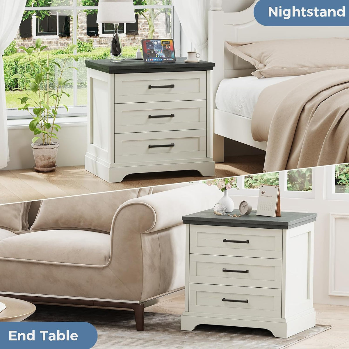 DUMOS Farmhouse Nightstand with Built-in Charging Station & USB Ports