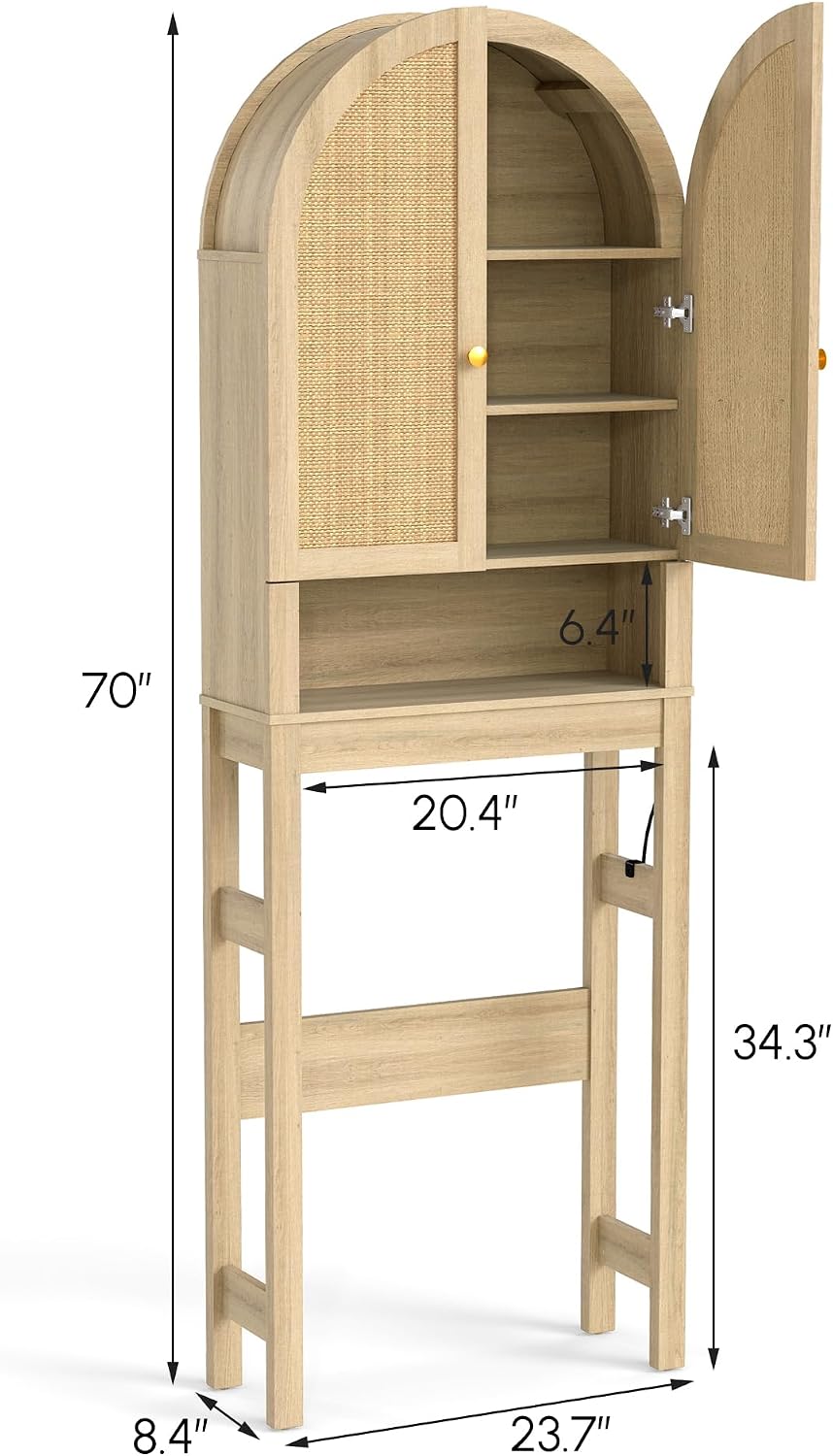 HMstone Over The Toilet Storage Cabinet, Arched Bathroom Organizer and Storage with Rattan Doors and Adjustable Shelf, Space-Saving Freestanding Bathroom Modern Storage Cabinet Over Toilet (Natural)