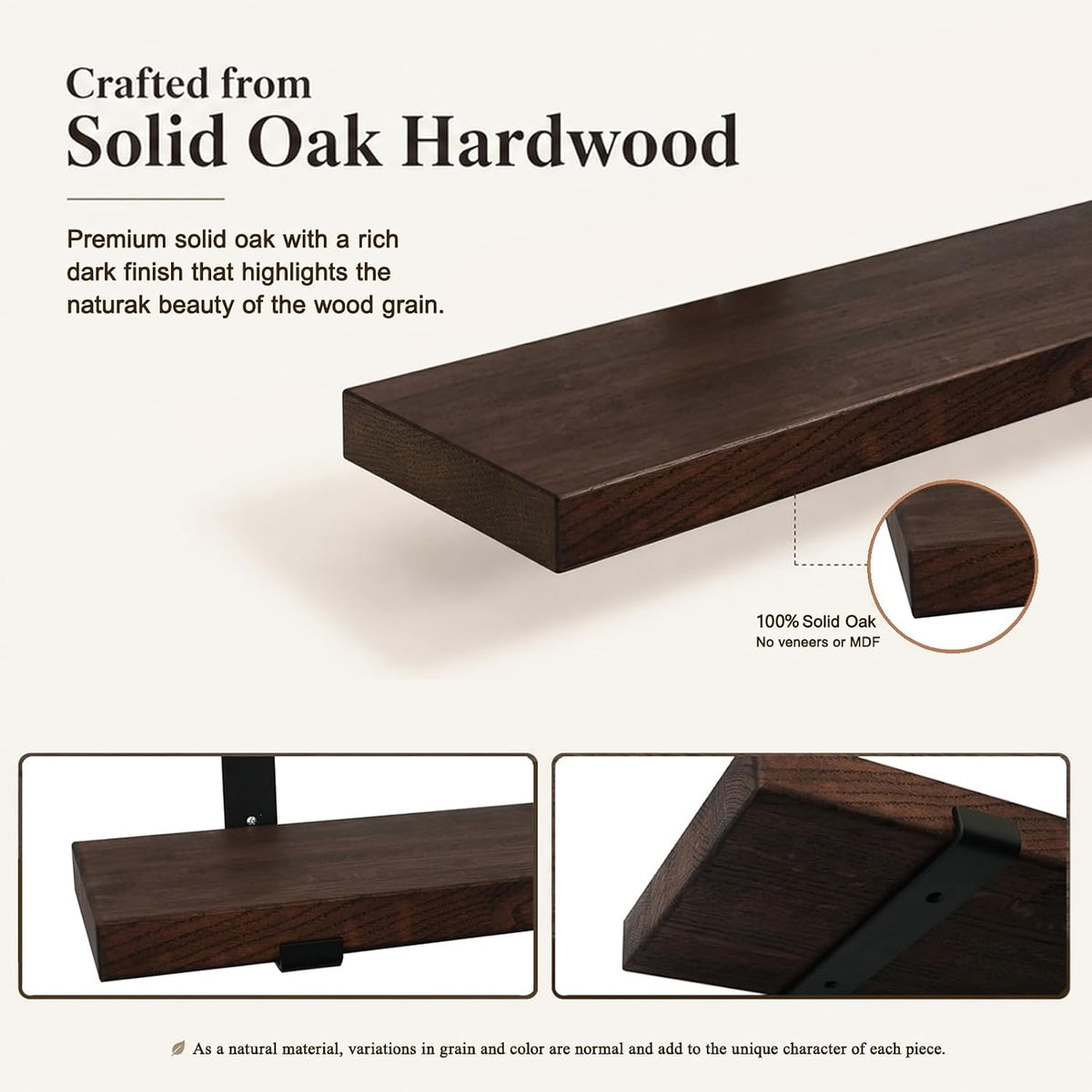 CONSDAN Floating Shelves, USA-Grown Solid Oak Hardwood Wall-Mounted Shelf for Bedroom/Bathroom/Living Room/Kitchen, Wall Shelves Over Toilet, 16x7.5x1.5 in, Dark Oak