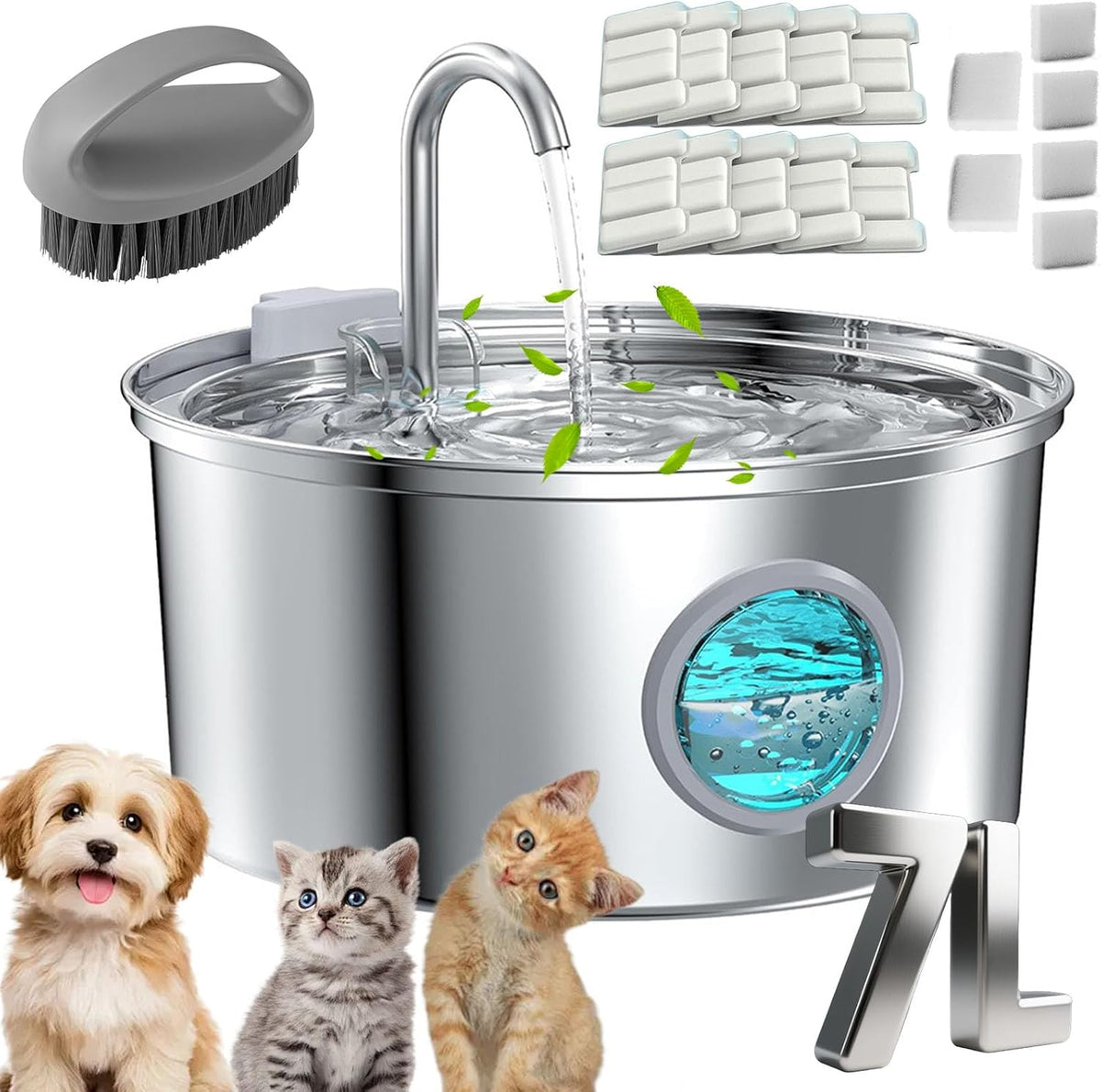 Water Fountain for Cats, 3.2L/7L Cat Fountain, Super Quiet Stainless Steel Fountain Water Bowl for Small Cats Dogs & Medium and Large Animals (Silver, 7L-with 10 Filter Element)