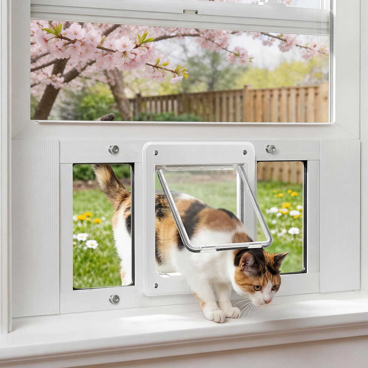 Cat Door for Window & Small Dog, Quick Damage-Free Install, 21"-23 4/5" Width Adjustable, All Aluminum Frame, 4-Way Lock, Magnetic Closure, Extra Window Lock & Sealing Strips (XS)