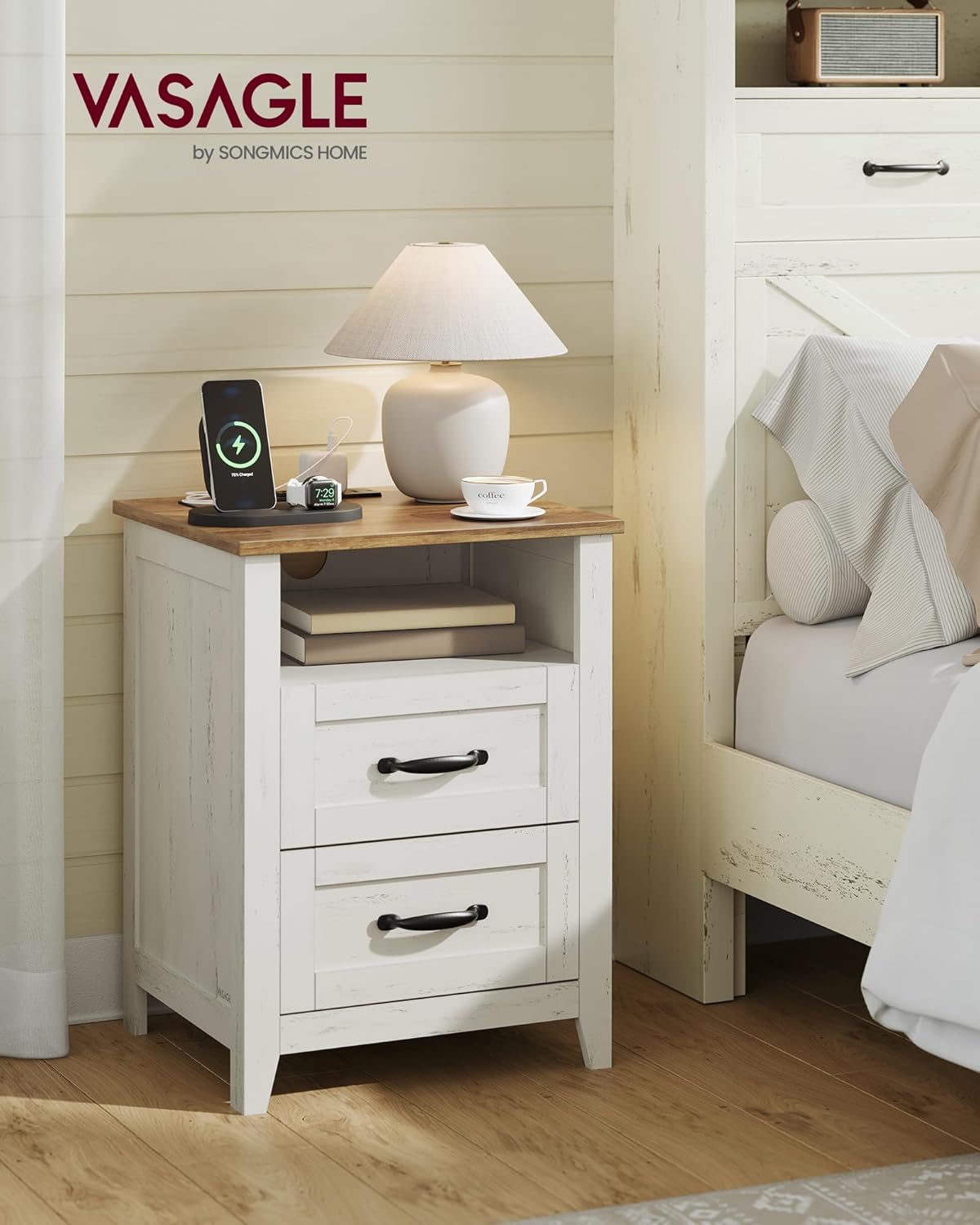VASAGLE Set of 2 Nightstands with 2 Drawers and Charging Station