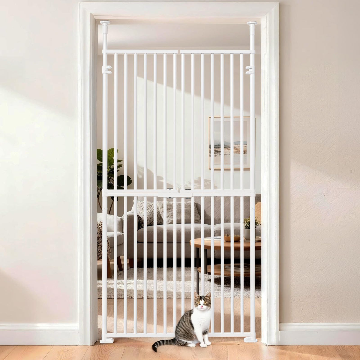 Slsy 76" Extra Tall Pet Gate for Cats & Dogs, Adjustable Width 29.5–32", No-Drill Pressure-Mounted Cat Gate, with Double-Door Walk-Through, Fits for Doorways, Stairs, Indoor & Hallways