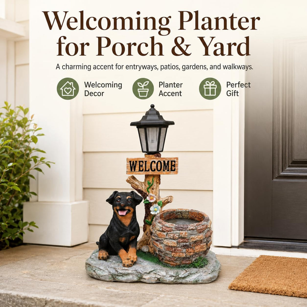 Solar Rottweiler Dog Statue with Welcome Sign & Lantern, 2 Dogs Garden Figurine Planter Pot, Realistic Outdoor LED Light for Porch, Yard Art & Lawn Decor, Unique Gift for Dog Lovers