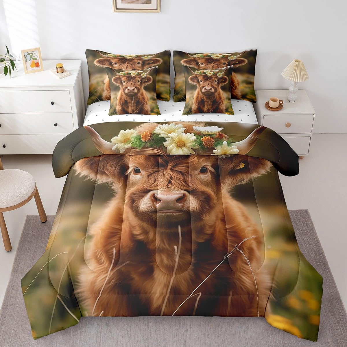 Erosebridal Brown Cow Print King Comforter Set 7 Piece, Simulated Black Cowhide Western Farmhouse Bedding Sets with Sheets, Rustic Highland Cow Skin Bed in a Bag with Fitted Flat Sheet, Pillowcases