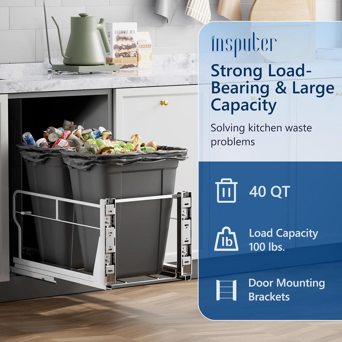 Insputer Dual 40QT Pull Out Trash Can Under Cabinet with Soft-Close Slides