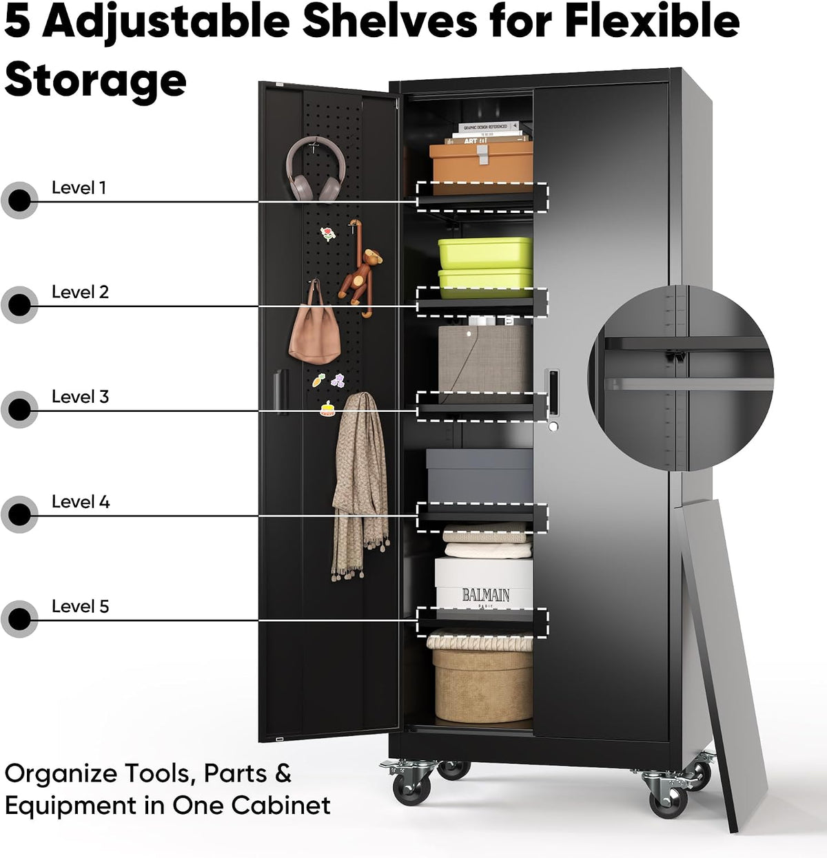 Aobabo 71" Metal Storage Cabinet with Wheels, 5 Shelves & Pegboards, Black
