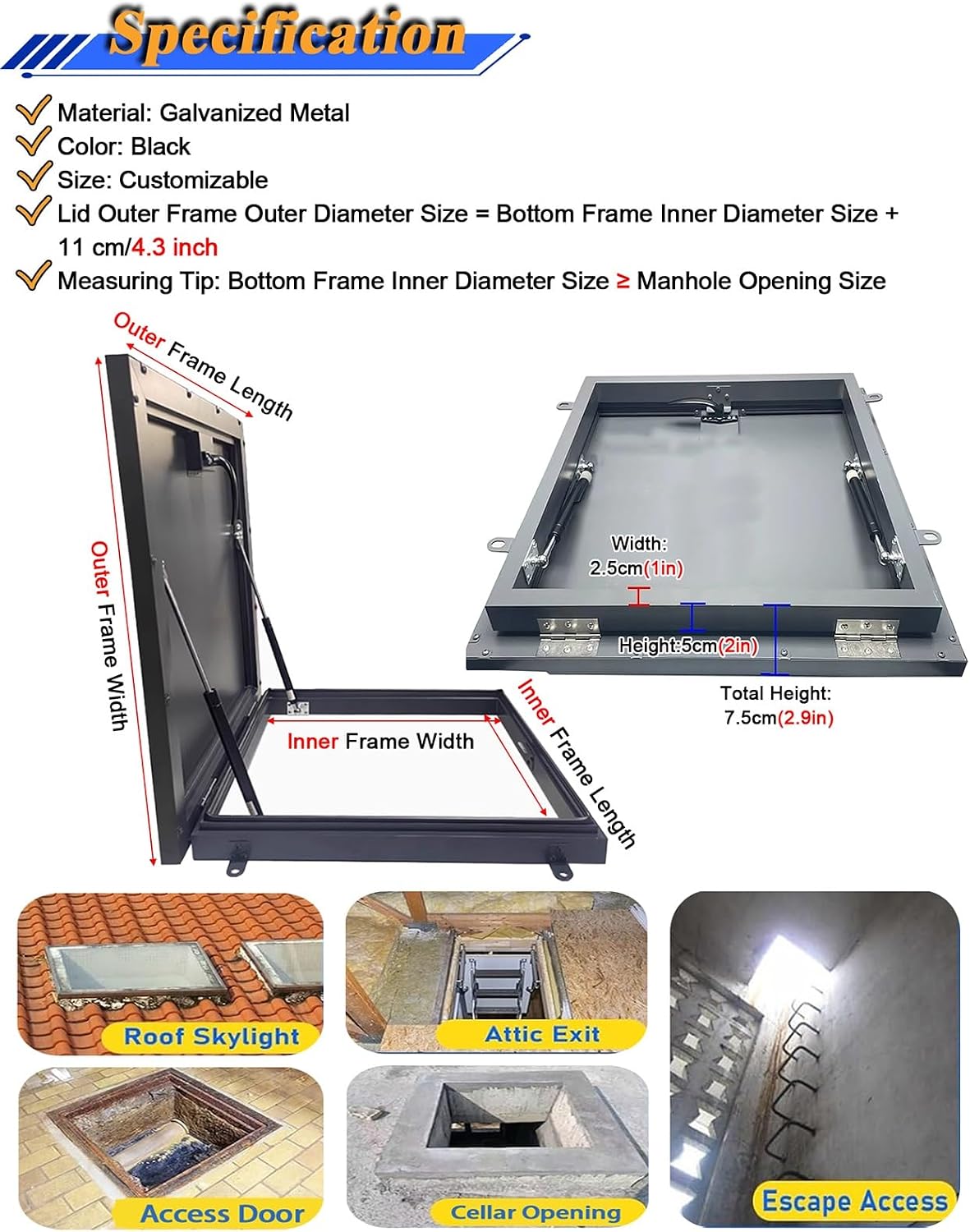 LZMZMQ Outdoor Basement Cellar Door Cover, Upward Lifting Attic Hatch Access Door Ceiling, Customized Manhole/Cellars Exit Lid with Hydraulic Support Rods & Handle, Black Square Metal Cap(20" Lx20 W)