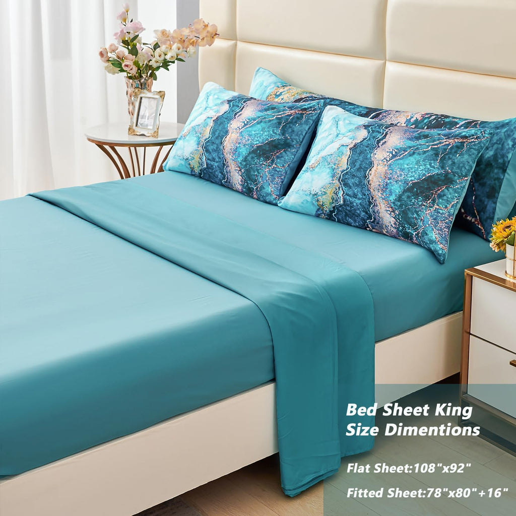 PERFEMET 6 Piece Teal King Size Comforter Set Watercolor Marble Bedding Set