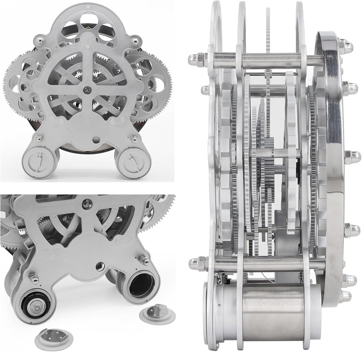 Modern Industrial Gear Desk Clock, 10.6-Inch Silver Metal, Decorative Mechanical Design with Moving Gears, for Living Room and Office Decor (Silver Gear Rotating Clock)