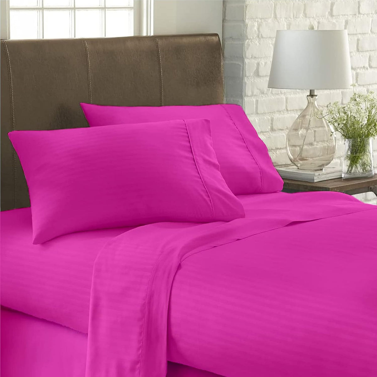 USA Queen Sheet Set in Hot Pink Stripe 400 Thread-Count 100% Egyptian Long Staple Cotton, Sateen Weave for Soft and Silky Feel, Breathable 4-Piece Bedsheet, Elasticized 24'' Extra Deep Pocket