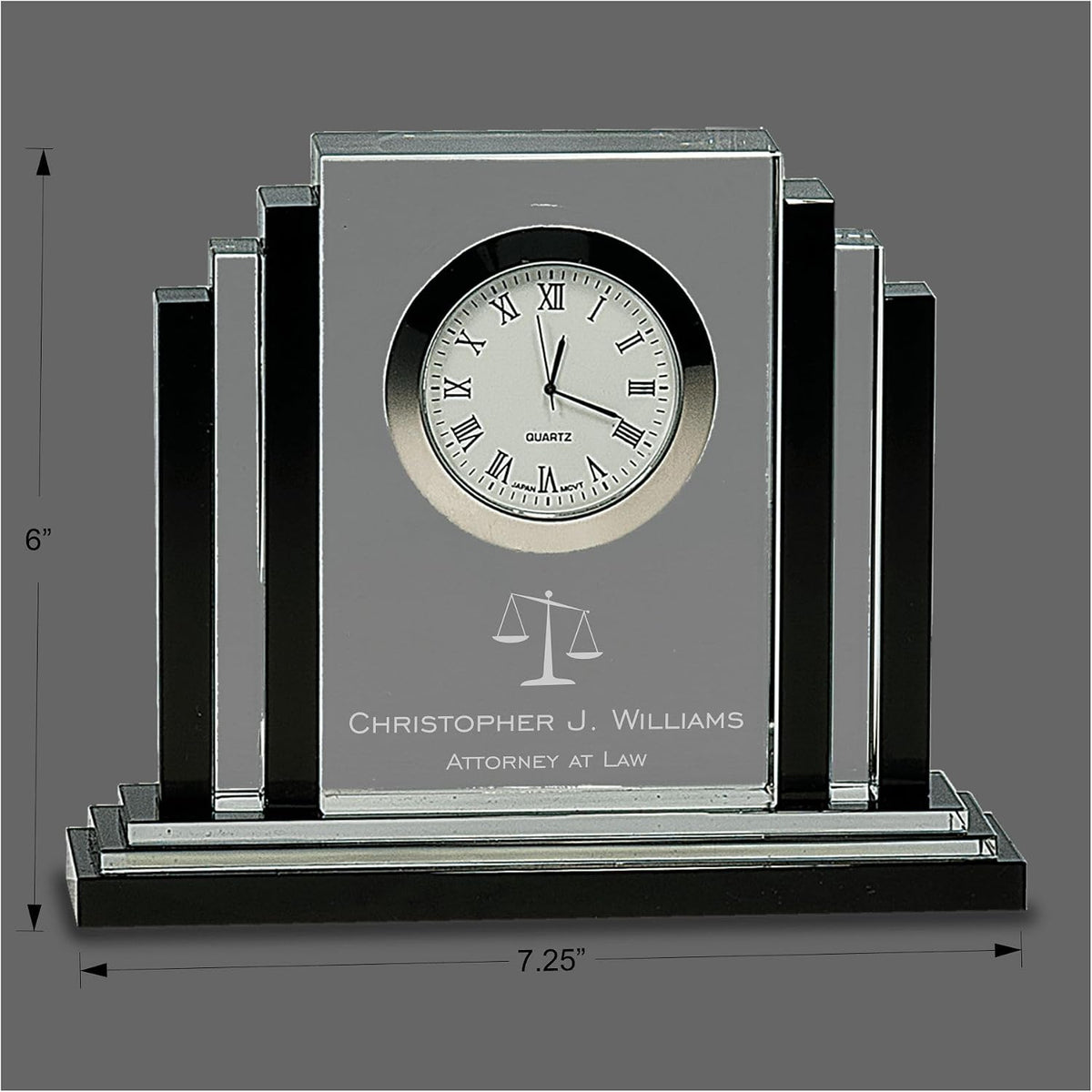 Personalized Crystal Clock for Lawyer Attorney, Engraved Glass Desk Clock with Scales of Justice and Custom Text, Office Decor, Graduation Gift