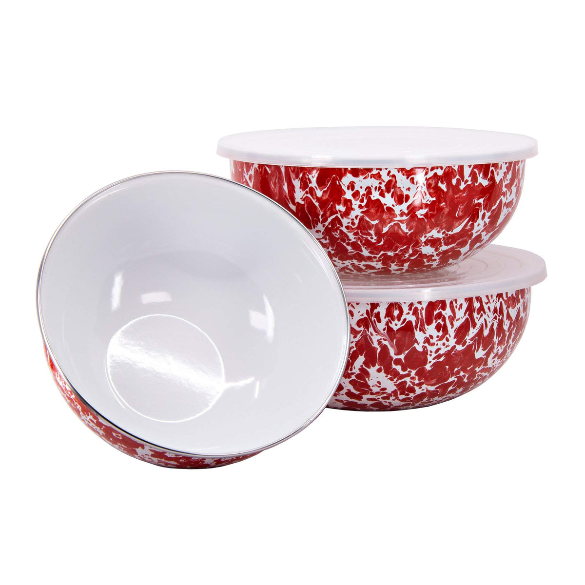 Golden Rabbit Enamelware Nested Mixing Bowls with Lids, Set of 3, Solid White Textured