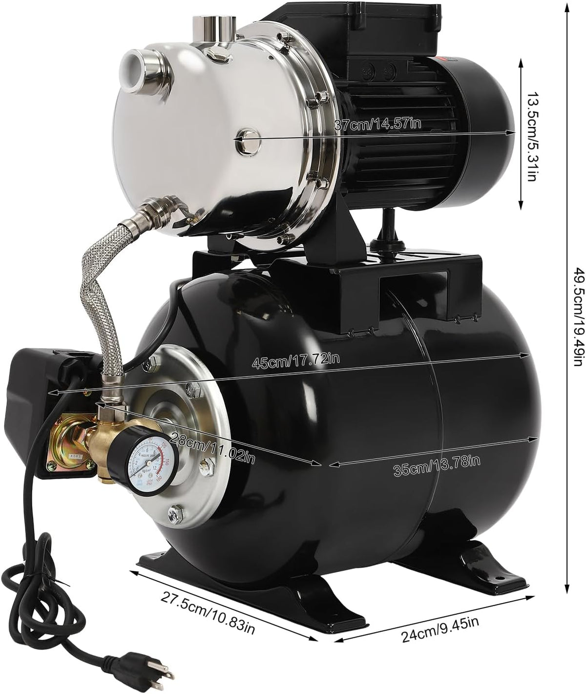 1HP Shallow Well Pump with Pressure Tank, 110V Irrigation Pump Garden Pump Stainless Steel Water Booster Jet Pump for Home Farm Lawn Irrigation Yard (Black)