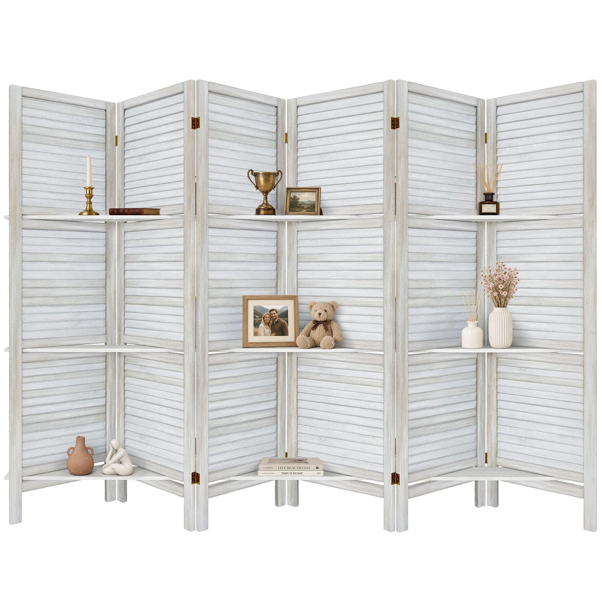 TEAKMAMA Room Divider, Room Divider with Shelves, 4 Panel,Distressed White