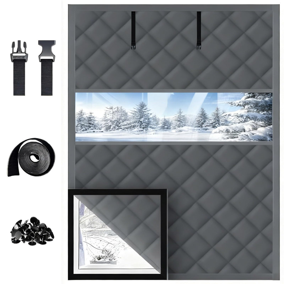 3 Layer Window Insulation Kit Thermal Insulated Window Cover 35x59 47x63 63x39 inch Oxford Cloth Thicken Cotton Soundproof Roll-Up Design Reusable Winterize Curtain for Attic Bedroom(Black,W59xH106")