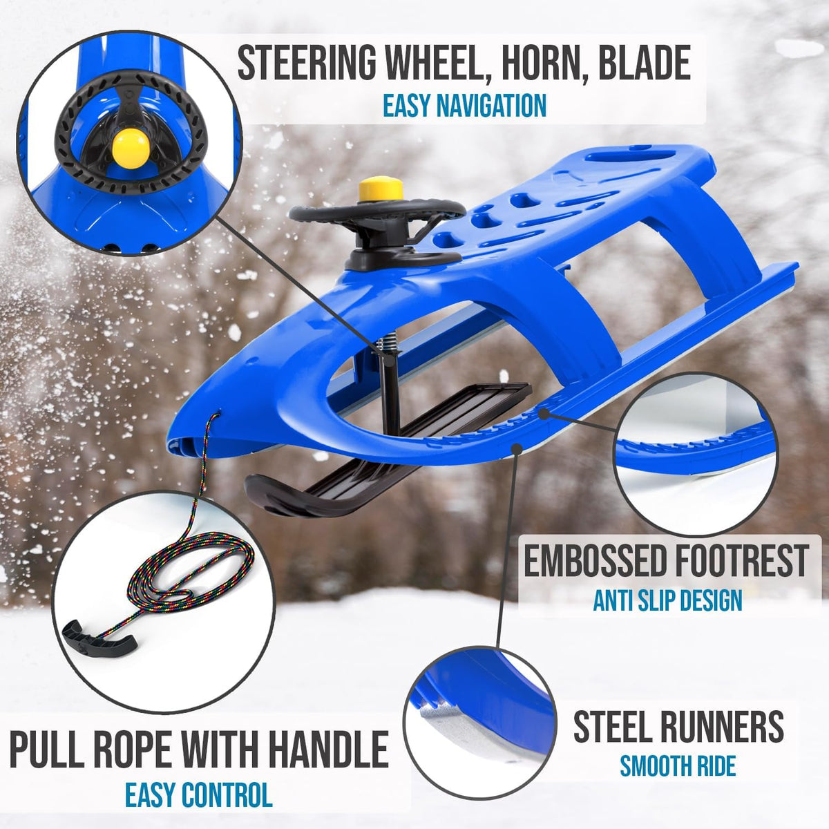 Snow Sled for Kids - SnowRush Sledge - Single Rider Racer Toboggan with Pull Rope and Steering Wheel; Outdoor Plastic Winter Sleigh for Toddlers & Kids