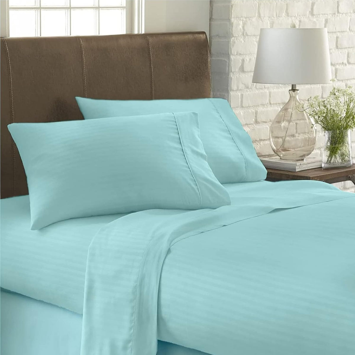 USA Twin XL Sheet Set in Aqua Blue Stripe 400 Thread-Count 100% Egyptian Long Staple Cotton, Sateen Weave for Soft and Silky Feel, Breathable 4-Piece Bedsheet, Elasticized 24'' Extra Deep Pocket