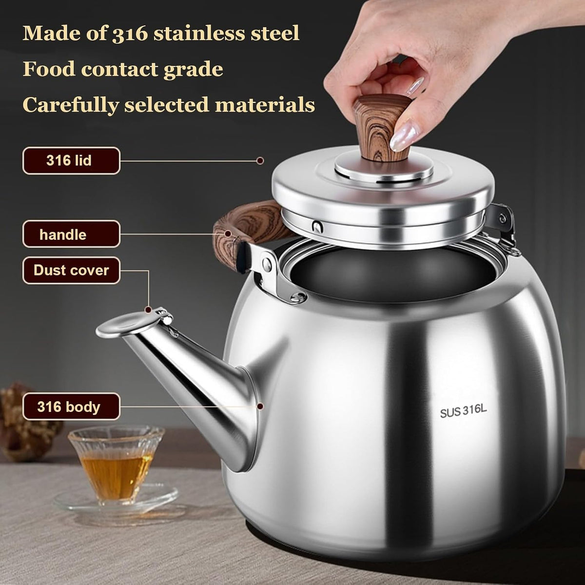 Food Grade 316 Stainless Steel Brushed Satin Teapot, Whistling Heavy Duty Tea Pot, Hot Water Fast to Boil, Seamless Bottom, Suitable for All Heat Sources(4L)