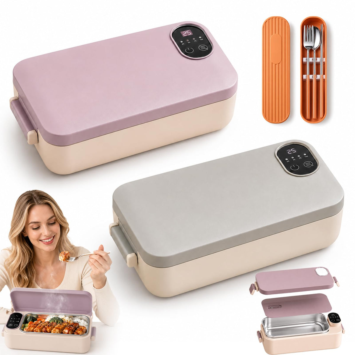 Portable Electric Lunch Box with Self-Heating, 304 SS (Mix, Rechargeable*2)