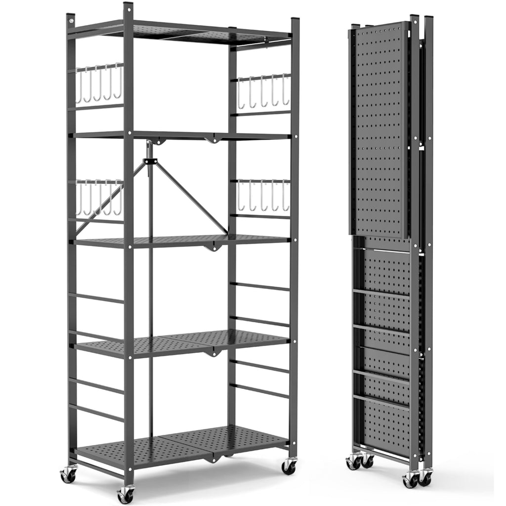 Himix 5-Tier Foldable Storage Shelves with 20 Hooks Wheels Kitchen Black