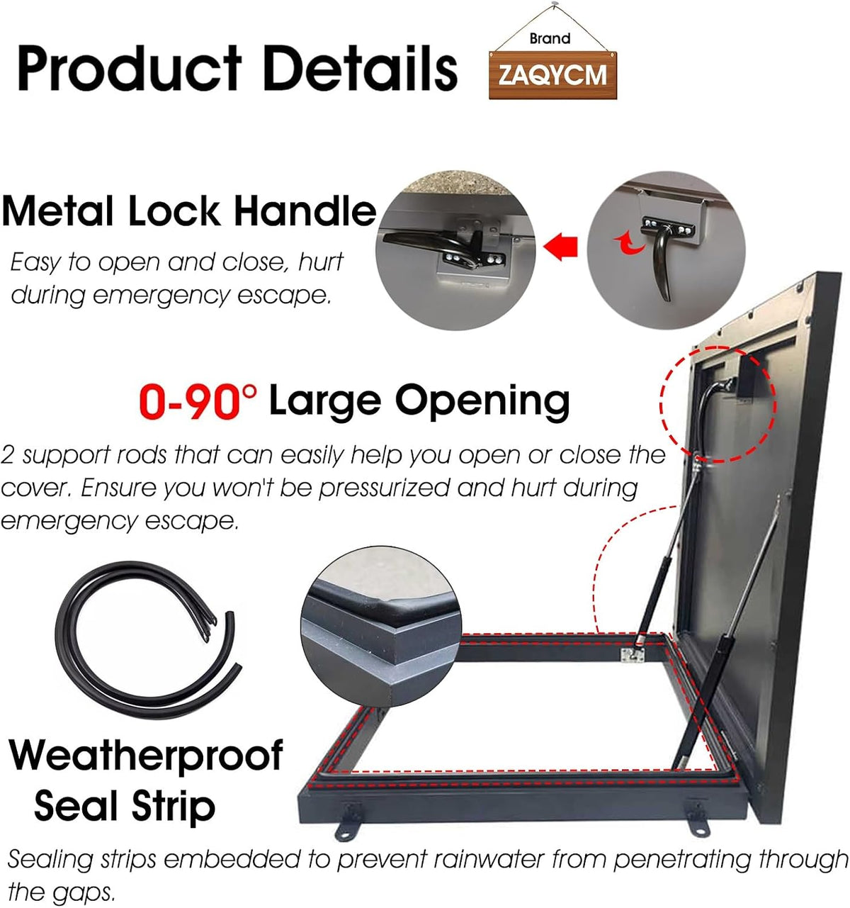 ZAQYCM Locking Flat Roof Access Hatch Door Black, Rooftop Hatch Cover Plate Rainproof, Metal Attic/Cellars Outlet Lid with Gas Shock Strut & Handle & Rubber Seal Strip(W 19in/48cm,L 24in/61cm)