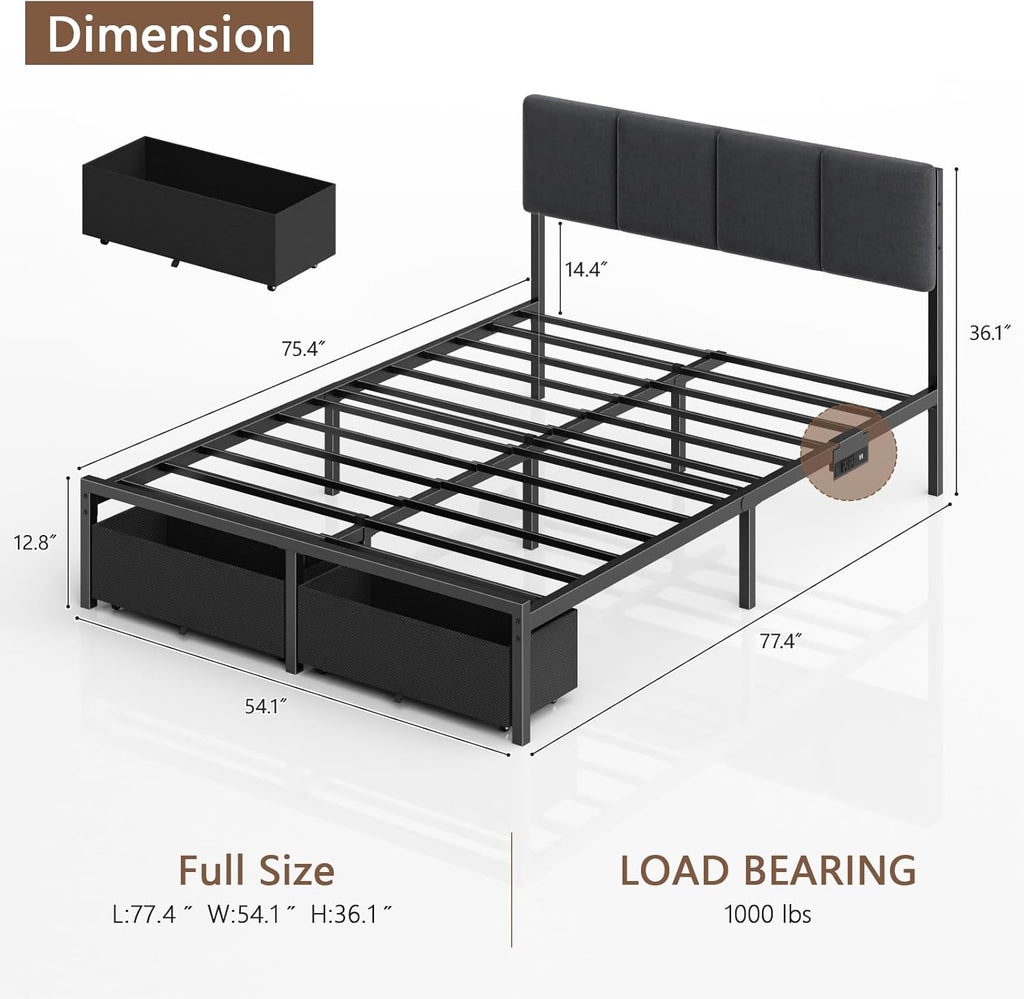 Furnulem Full Size Bed Frame with Upholstered Headboard & 2 Storage Drawers