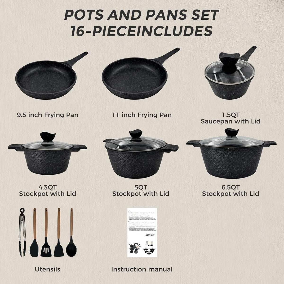 16 Piece Black Ceramic Sauce Pots and Pans Set, Nonstick Cookware Set with Lids,Fish Scale Kitchen Utensils, Healthy Ceramic Cooking Set, Induction Compatible, Dishwasher Safe, PFOA & PFAS Free