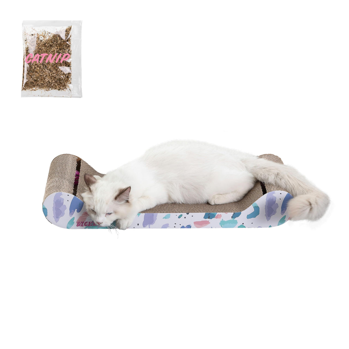 Rini 23.75" Modern Cardboard Cat Scratcher Lounge Bed with Built-in Bell Toys and Catnip, Ergonomic Curved Sofa Design, Oak Wood Finish, Set of 2 CSR1003C-SET2