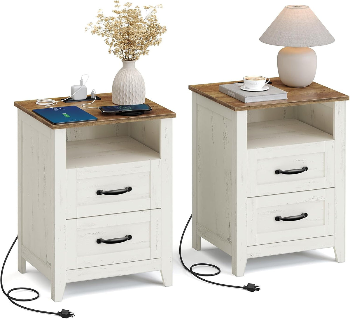 VASAGLE Set of 2 Nightstands with 2 Drawers and Charging Station