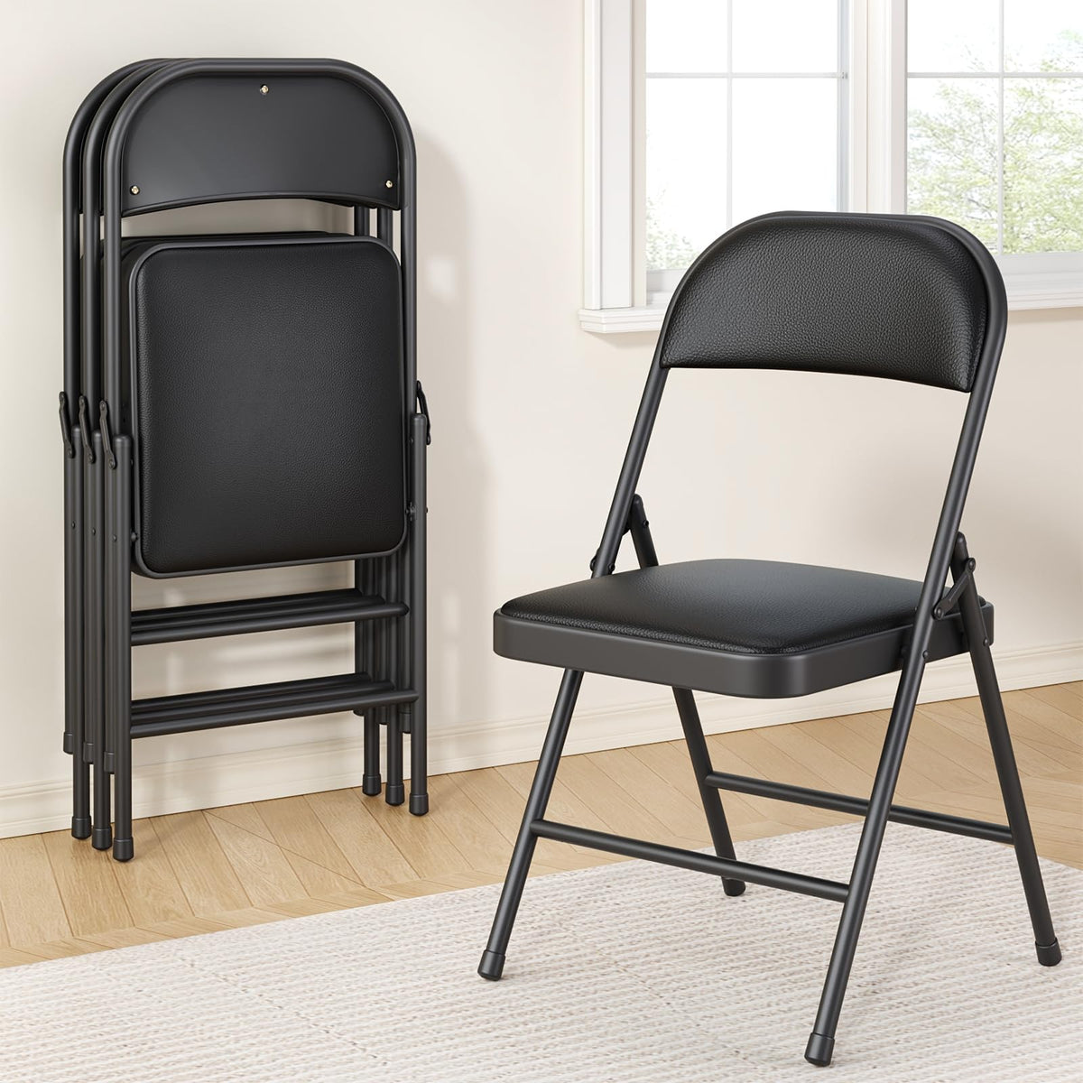 Folding Chairs 4 Pack,350 lbs Heavy Duty Metal Frame Folding Chairs with PU Leather Padded Seat,Ergonomic Portable Foldable Chair with Non-Slip Rubber Feet for Indoor Outdoor Wedding Patio Party,Black