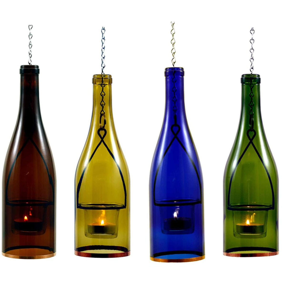 Blue Ridge Mountain Gifts Hanging Wine Bottle Indoor/Outdoor Lantern Lights - Decorative Lights Votive Candle Holder, Great for Rustic Wedding Decorations, Patio Decor, or Garden Decor, Yellow (4pcs)