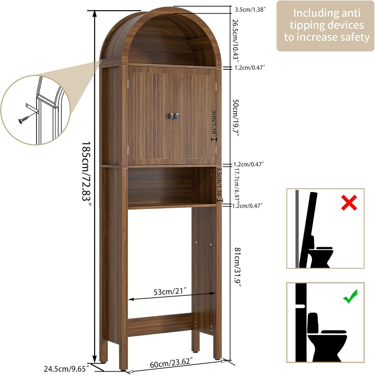 Arched Over The Toilet Storage Cabinet with Fluted Doors, Bathroom Shelf