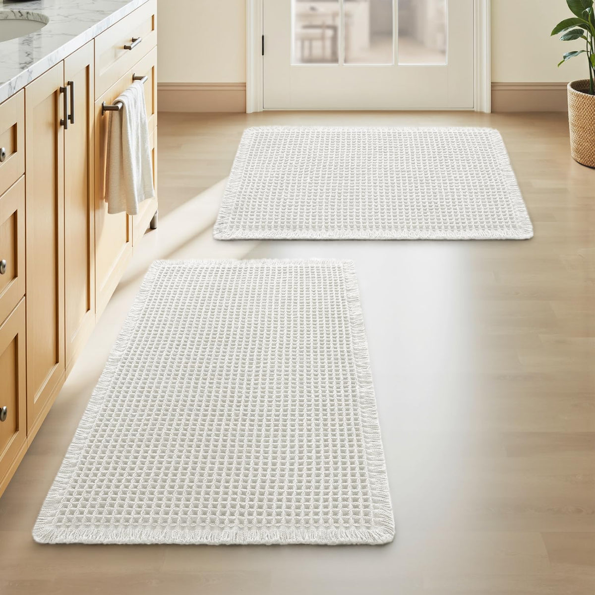 Upgraded Waffle Bath Mat Set of 2 Absorbent Bathroom Mat 18"x30" + 24"x48"