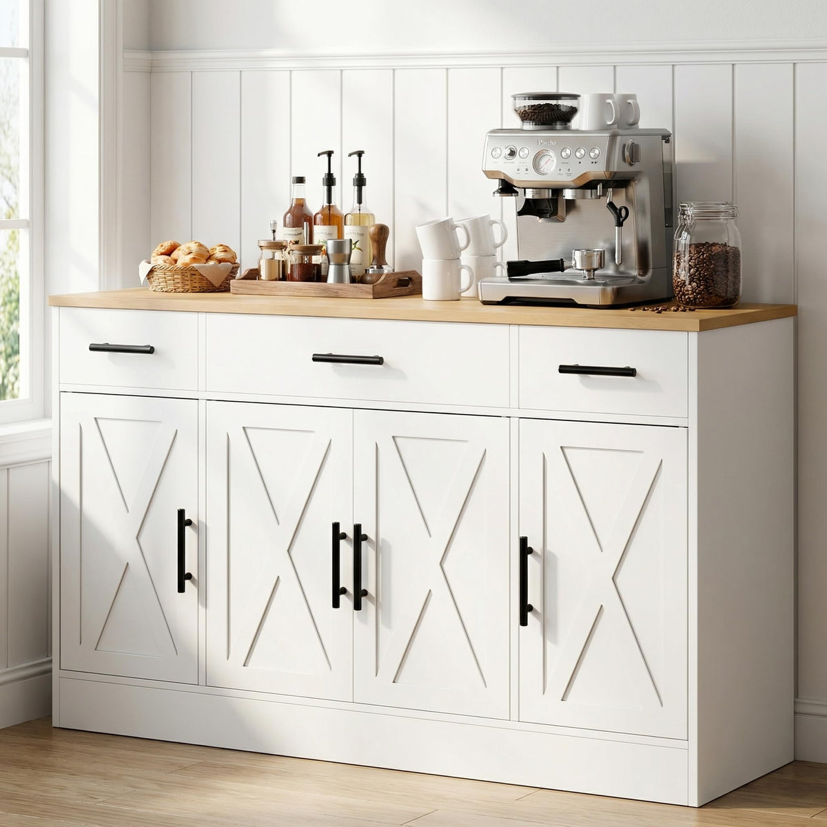 SUNLEI Coffee Bar Cabinet with Storage, Farmhouse Buffet Cabinet with 4 Doors & Adjustable Shelves, Kitchen Sideboard Cabinet for Coffee Station, Dining Room, Living Room & Home, White
