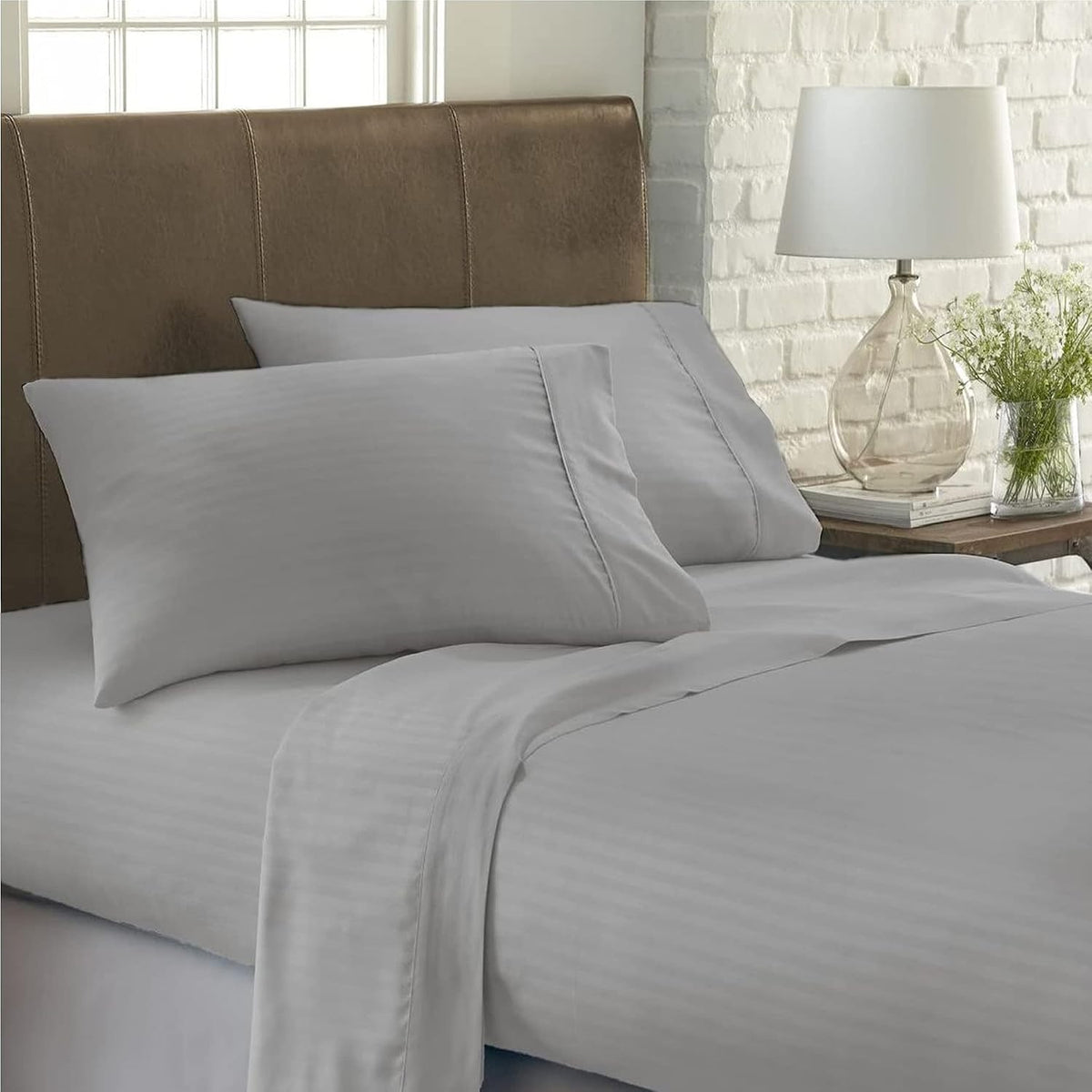 USA Short Queen Sheet Set in Light Grey Stripe 400 Thread-Count 100% Egyptian Long Staple Cotton, Sateen Weave for Soft and Silky Feel, Breathable 4-Piece Bedsheet, Elasticized 24'' Extra Deep Pocket