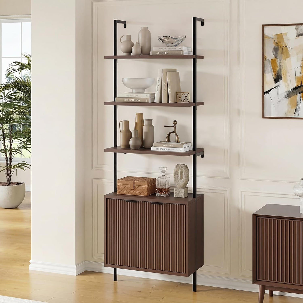 Halitaa 71”Ladder Shelf with Storage Cabinet, Wall Mounted Ladder Bookshelf