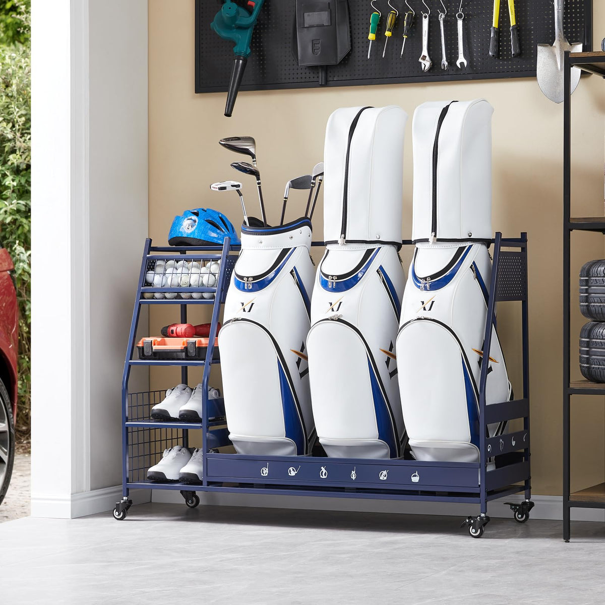 Lauren&Harold Golf Bag Organizer Garage Storage, Golf Storage Rack Stand Fits 2 Golf Bags, Golf Clubs and Other Golfing Equipment Accessories, Golf Organizer for Garage, Club, Shed, Basement
