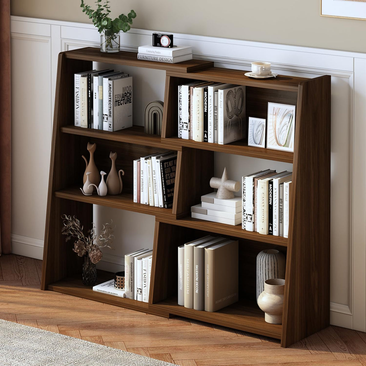IOTXY Wooden Extendable Shelf Bookcase, 3-Tier Low Bookshelf, Walnut, S
