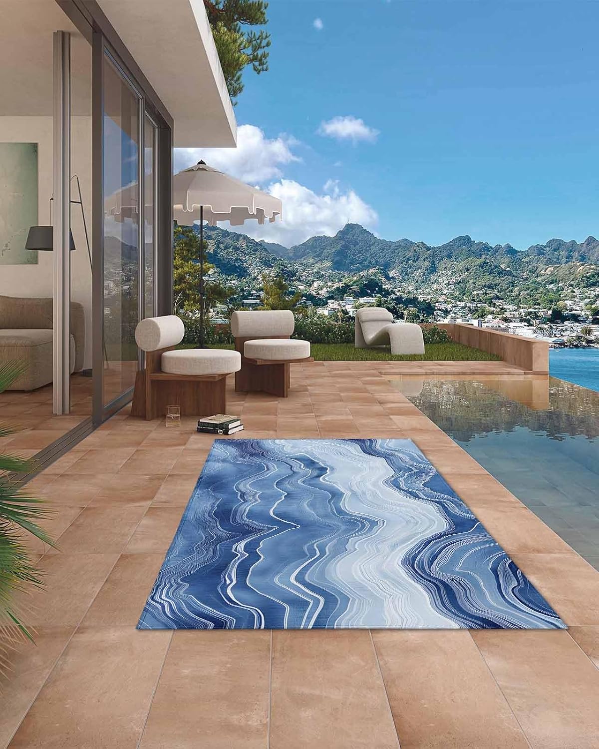 Abstract Ocean Wave Outdoor Rug 5x8ft, Waterproof Indoor Outdoor Rug for Patio, Watercolor Blue Camping Carpet Mat Outside Area Rug for RV Picnic Beach Balcony Deck Backyard