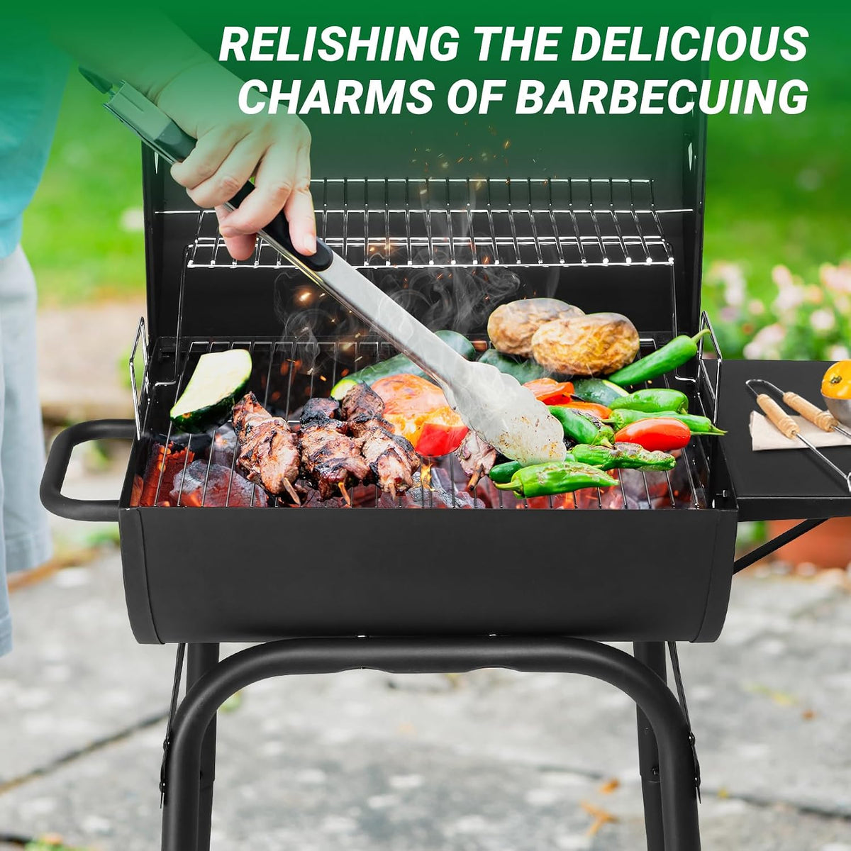 VINGLI Barrel Charcoal Grill with Side Table, BBQ Grill Outdoor Smoker Grill with Wheels for Party Garden Patio and Backyard Cooking 33.9"D x 20.5"W x 40.6"H