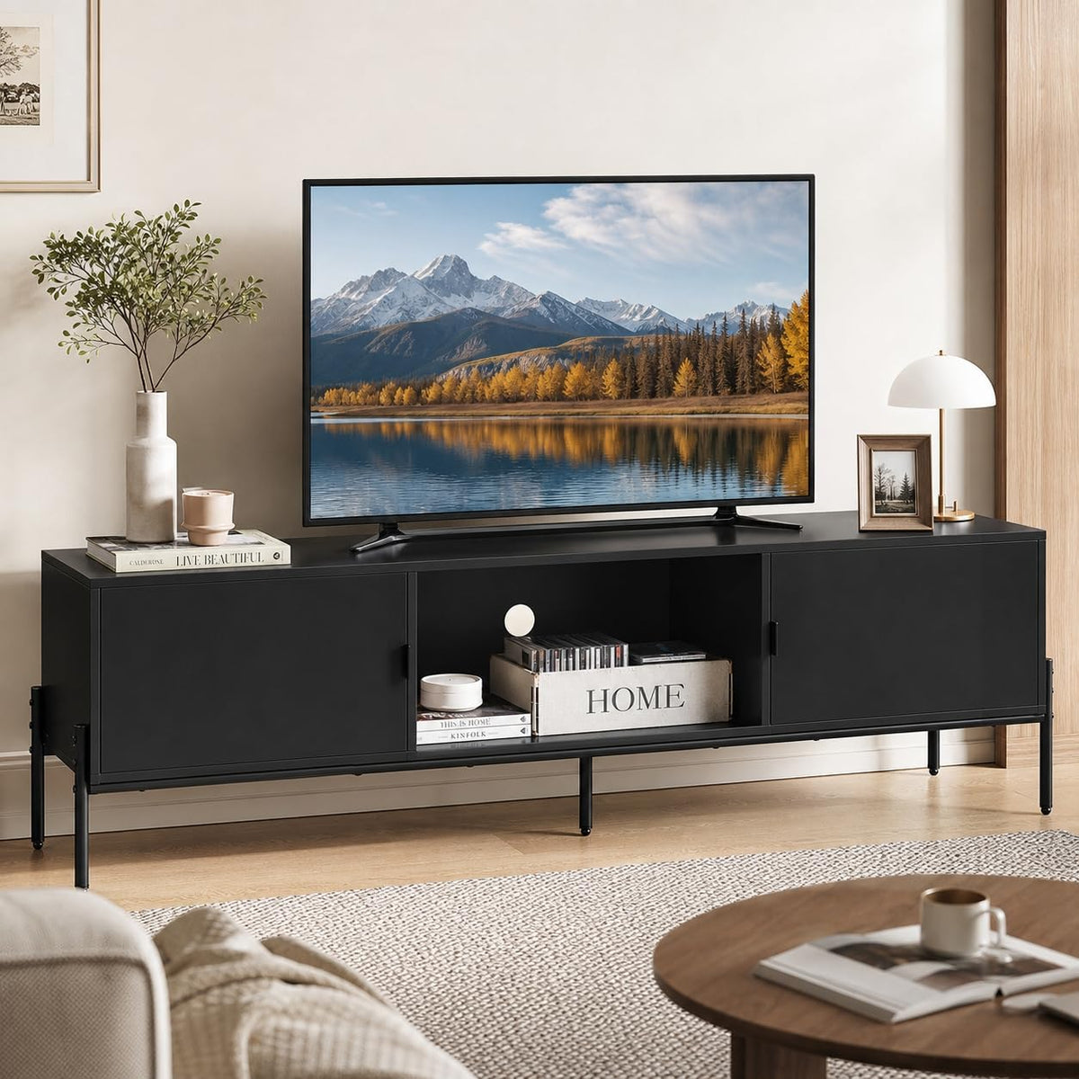WLIVE 58" TV Stand for 65 Inch TVs, Black Media Console with Metal Legs