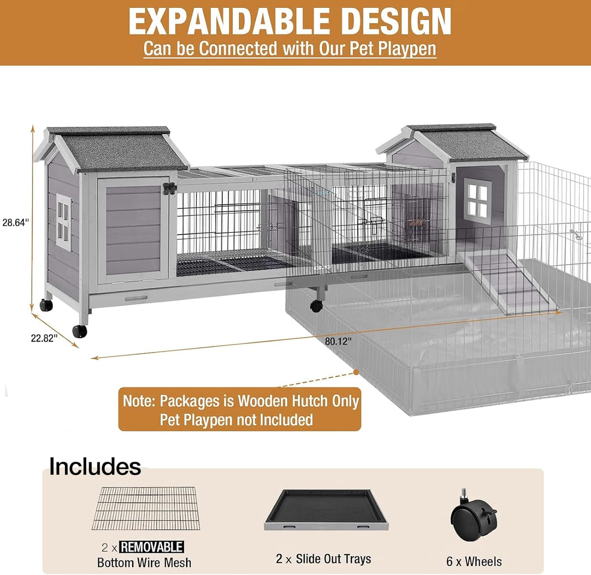 GUTINNEEN Rabbit Hutch Indoor Outdoor Bunny Cage Upgrade Large Space for Rabbit,Guinea Pig,Bunny and Other Small Animals,On Wheels Move Easily.