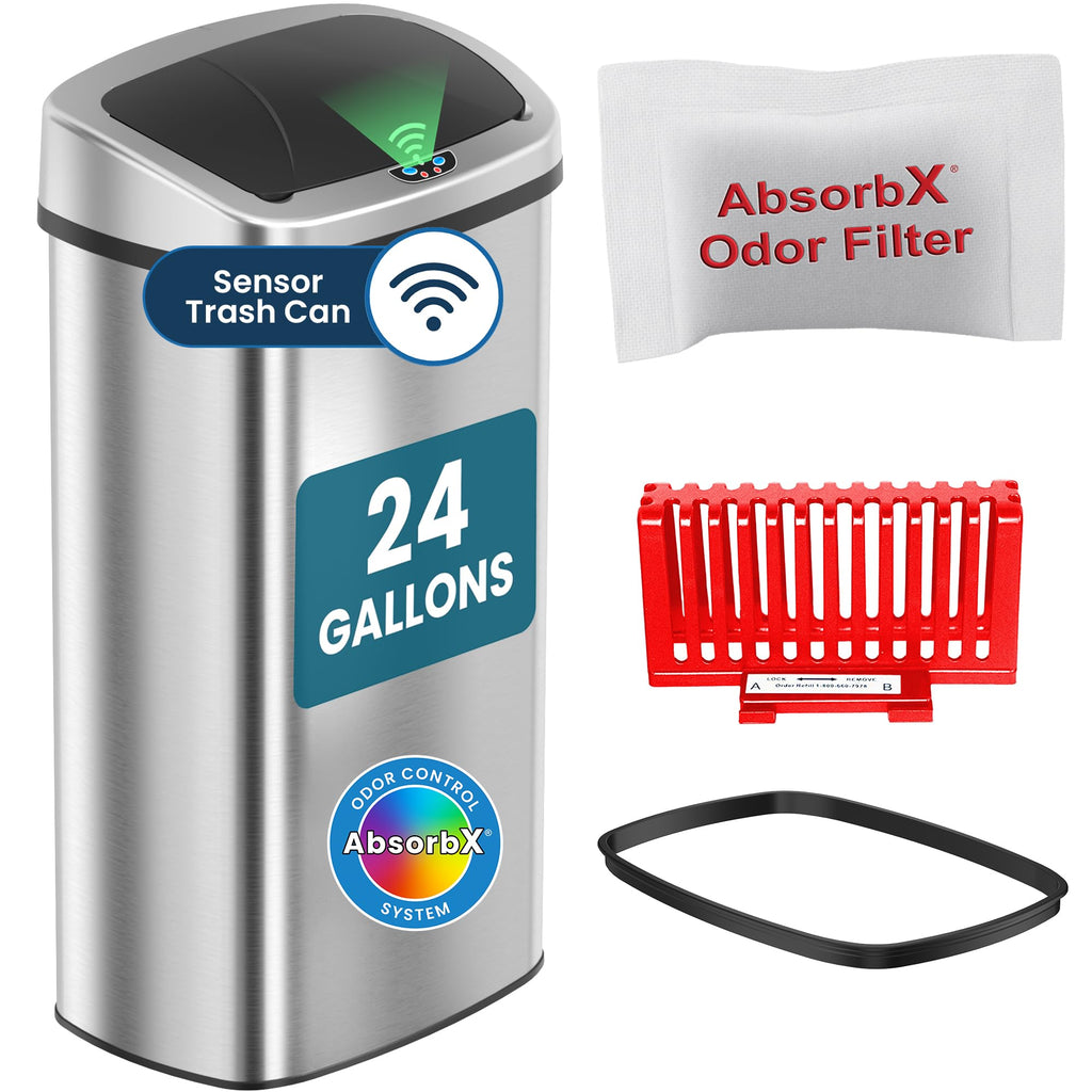 iTouchless Patented 13 G Stainless Steel Sensor Trash Can | AbsorbX Filter