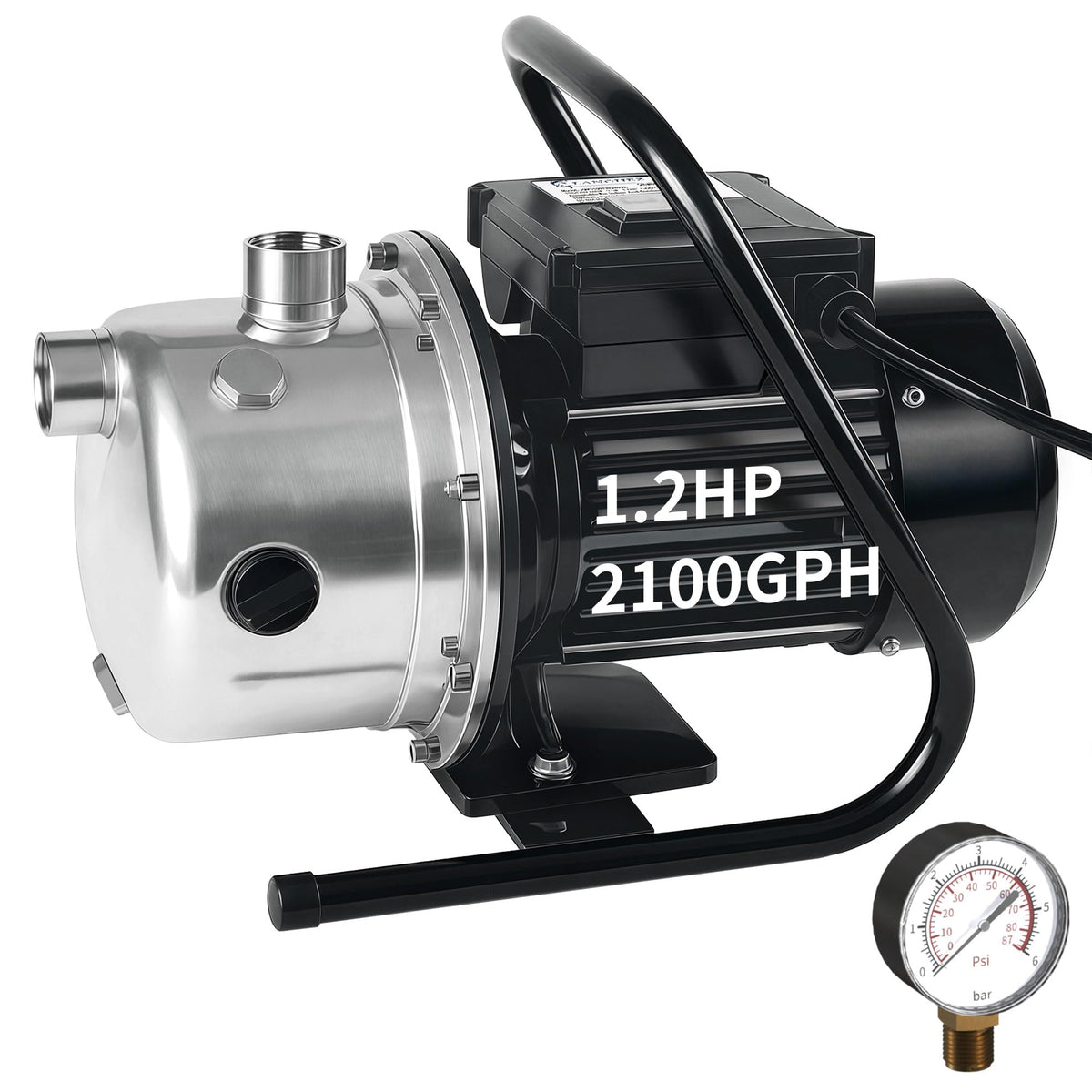 LANCHEZ 1.6 HP Shallow Well Pump, 1500 GPH Stainless Steel Water Transfer Pump, 115V Garden Irrigation Pump, Water Booster Jet Pump for Home Garden Lawn Farm, Silver