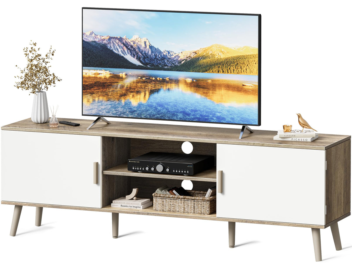SUPERJARE TV Stand for 55 Inch TV, Entertainment Center with Adjustable Shelf, 2 Cabinets, TV Console Table, Media Console, Solid Wood Feet, Cord Holes, for Living Room, Bedroom, Rustic Brown