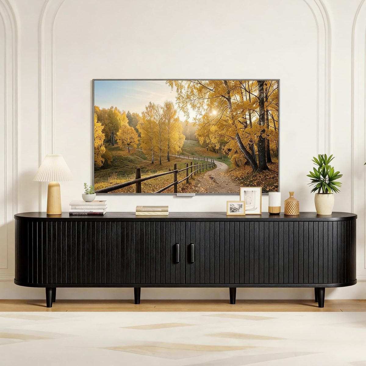 MXV 58" Mid-Century Modern TV Stand with Sliding Doors, TV Consoles with Power Outlet, Fluted Entertainment Center with Adjustable Shelves for Living Room