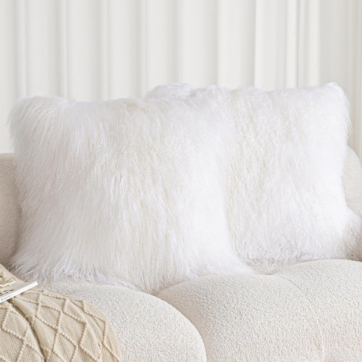 Real 100% Tibetan Mongolian Lamb Sheepskin Wool Fur Throw Pillow Covers White 24x24 Inch, Super Soft Plush Leather Accent Pillowcase Decorative Cushion Cover for Living Room Bedroom
