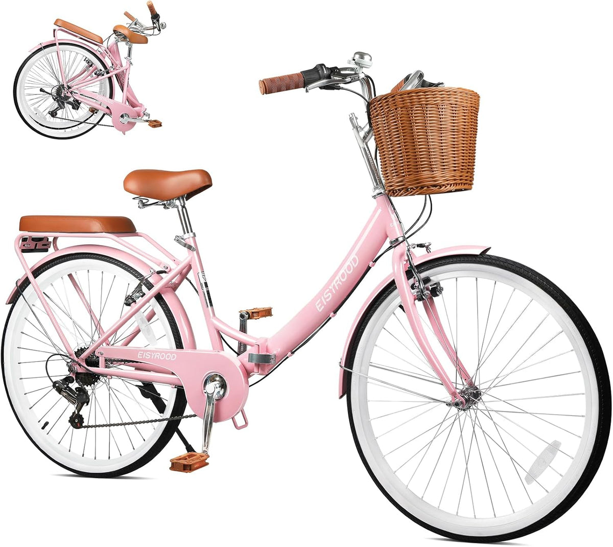 26Inch Foldable Women Bike, Womens Folding Bike with Basket, 7 Speed Beach Cruiser Fodable Bike for Women with Cushion, V-Brakes, Quick Install for Adults, Womens (Pink)